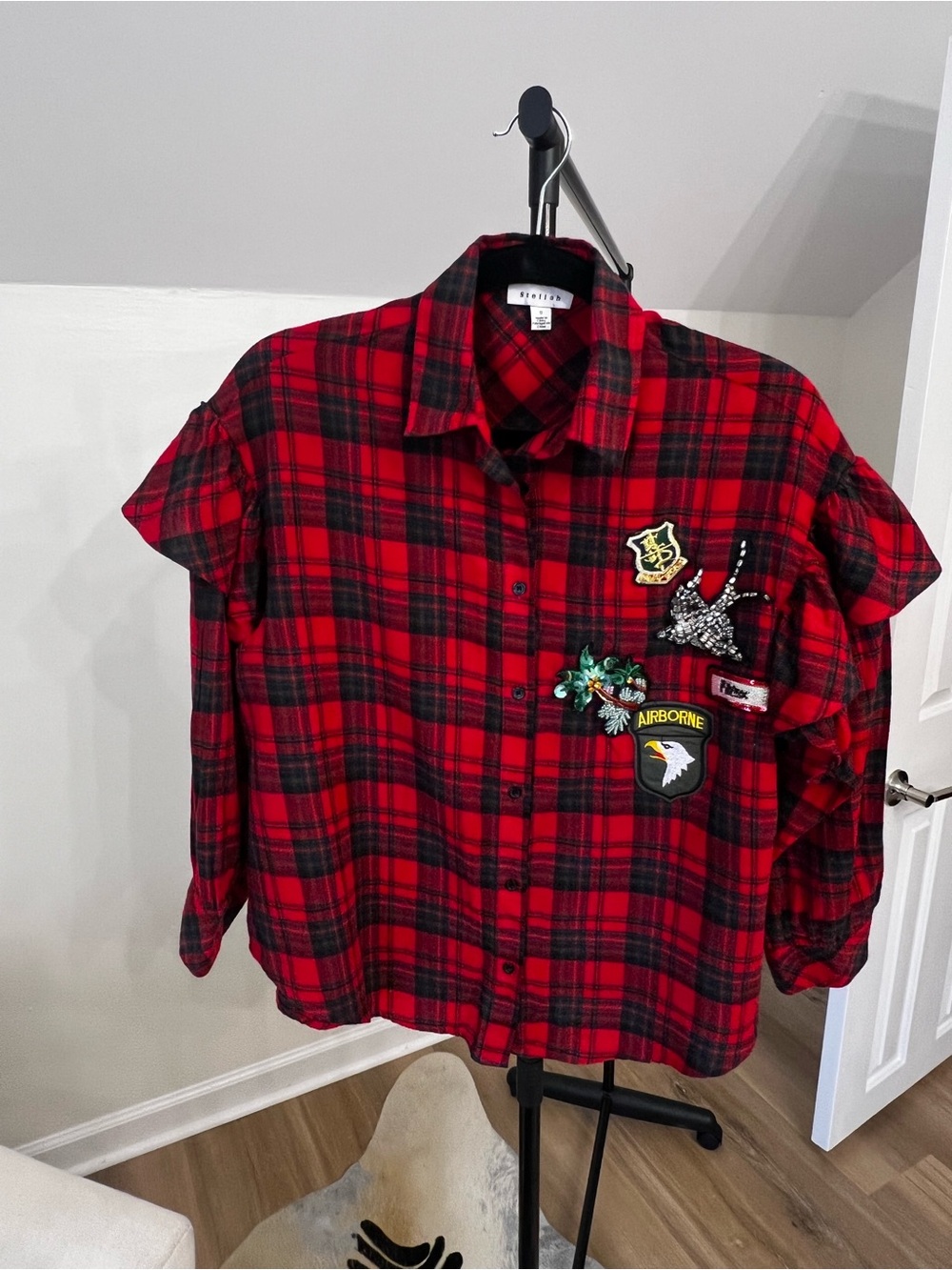 Stellah Red and Black Plaid Button-Down Shirt with Patch Accents